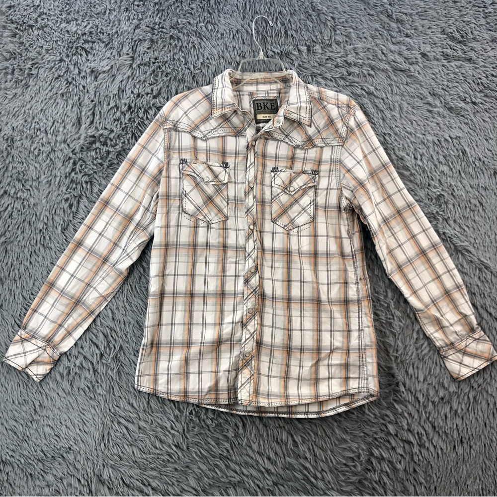 BKE Buckle Shirt Mens Medium Pearl Snap Checkered Long Sleeve Cowboy